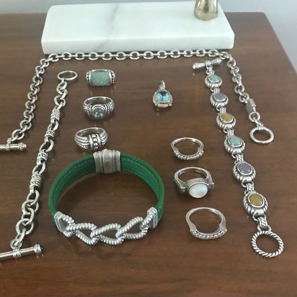 Vintage Signed Judith Ripka 925 Lot with Emeralds Jade MOP Blue Topaz